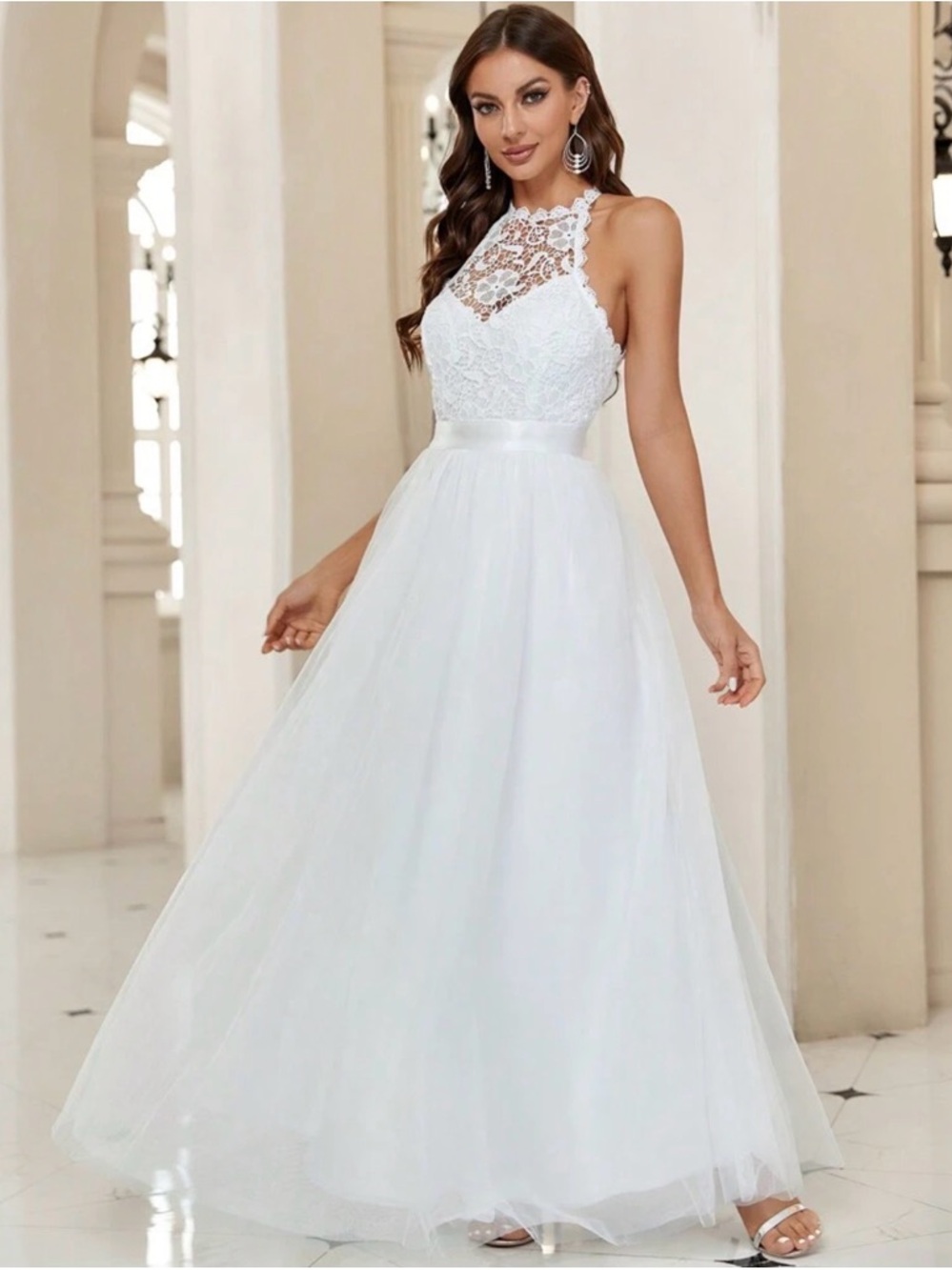 White Lace Halter Evening or Wedding Dress